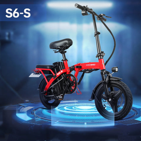 Honey Whale S6-S Electric Bike - 350W Motor 48V10.4AH Battery 40KM Range Disc Brakes - Red